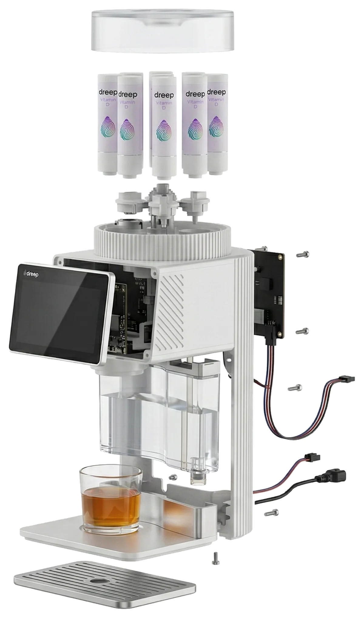 Exploded view of the Dreep Dispenser — cartridge carousel, dosing manifold, touchscreen, water tank and drip tray